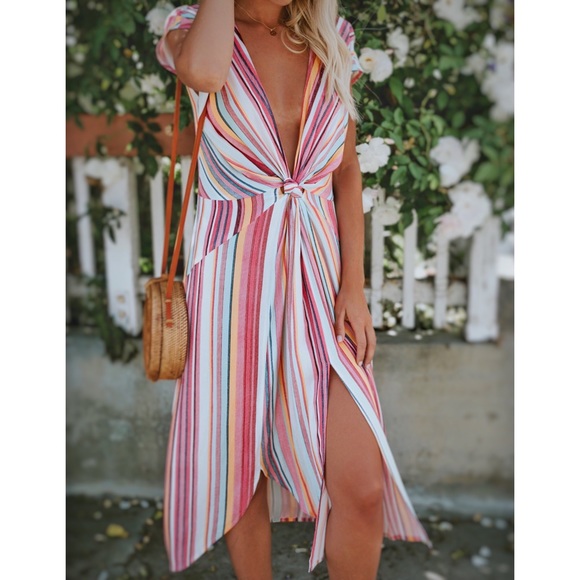 Plunge Twist Front Slit Stripe Midi Dress - Picture 3 of 8